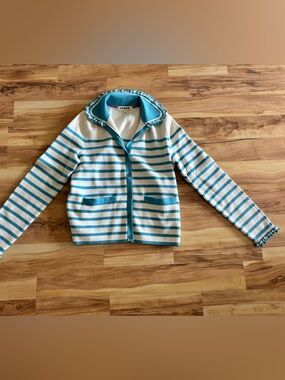 Boden Blue and White Sweater with Ruffle